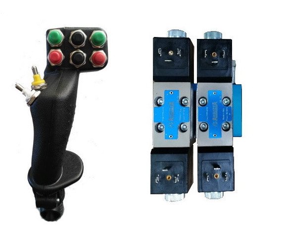 Kit pompa doppia ed elettrodistributore con joystick multifunzione per comandare 2 cilindri doppio effetto separatamente (applicabile solo al momento dell'ordine).