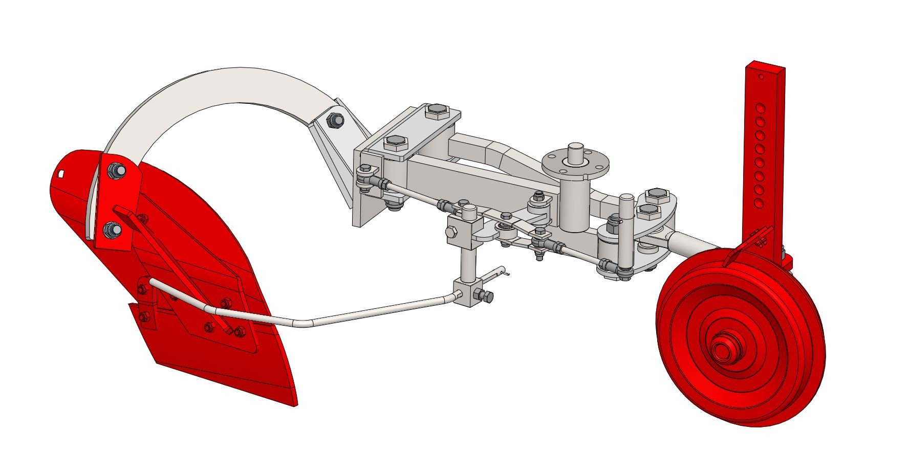 RH plant lifting plough kit with front depth directional wheel. It cannot be used on front versions or at the same time as the RH ground fender cover code 1046, 1767 and 1405