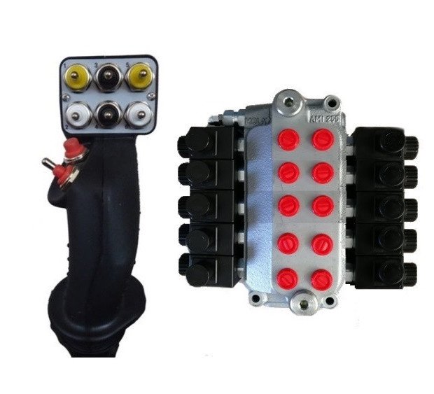 Electrohydraulic cast iron distributor with multifunction joystick to operate 5 double effect cylinders and 1 electrohydraulic emergency return (applicable only when ordering).